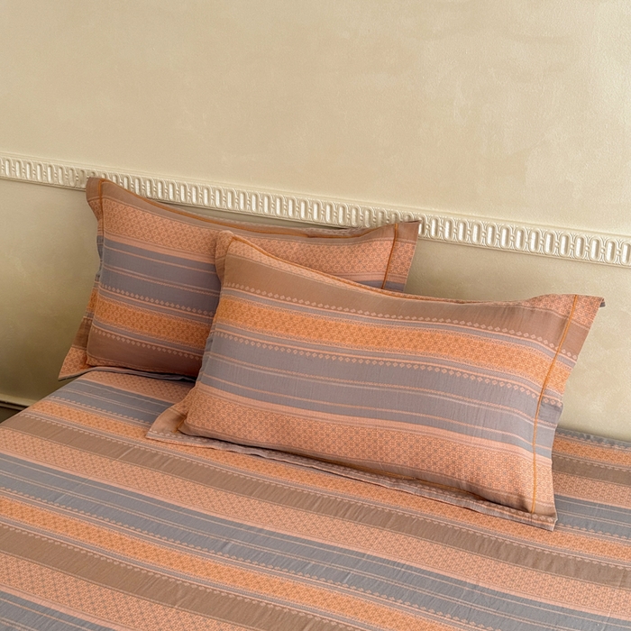 91家纺网 家纺一手货源 找家纺 江南春家纺【幻-暖纱】2025新款A类100%全棉色织提花双层纱四件套 【幻-暖纱】云野-桔灰