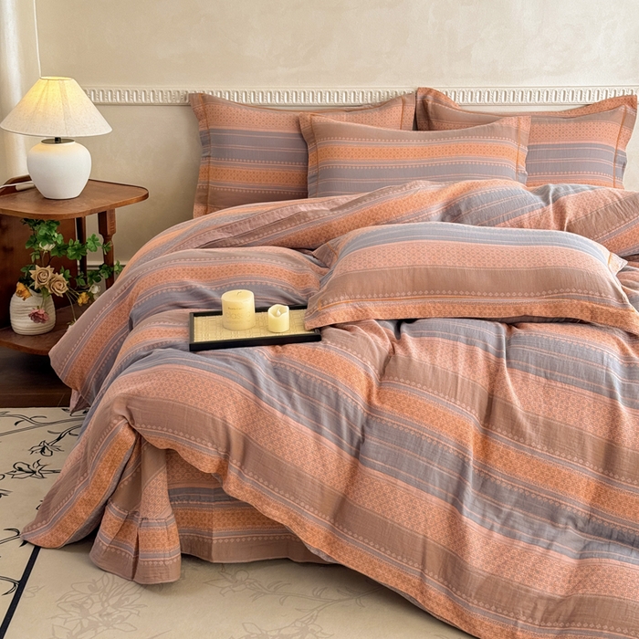 91家纺网 家纺一手货源 找家纺 江南春家纺【幻-暖纱】2025新款A类100%全棉色织提花双层纱四件套 【幻-暖纱】云野-桔灰