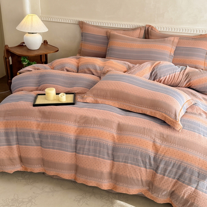 91家纺网 家纺一手货源 找家纺 江南春家纺【幻-暖纱】2025新款A类100%全棉色织提花双层纱四件套 【幻-暖纱】云野-桔灰