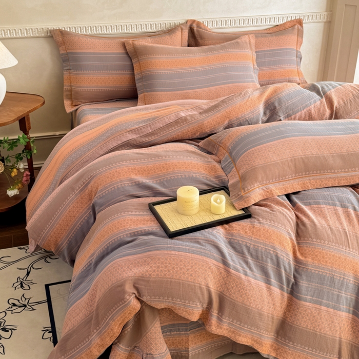 91家纺网 家纺一手货源 找家纺 江南春家纺【幻-暖纱】2025新款A类100%全棉色织提花双层纱四件套 【幻-暖纱】云野-桔灰