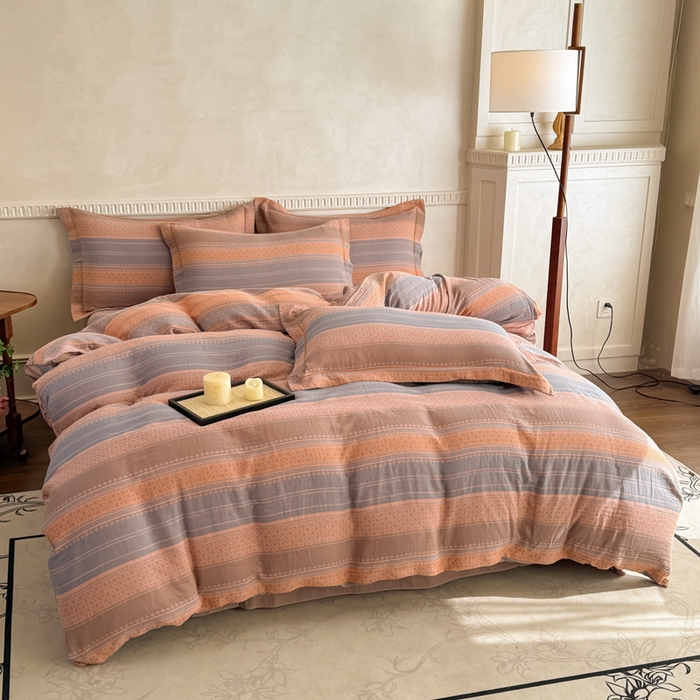 91家纺网 家纺一手货源 找家纺 江南春家纺【幻-暖纱】2025新款A类100%全棉色织提花双层纱四件套 【幻-暖纱】云野-桔灰