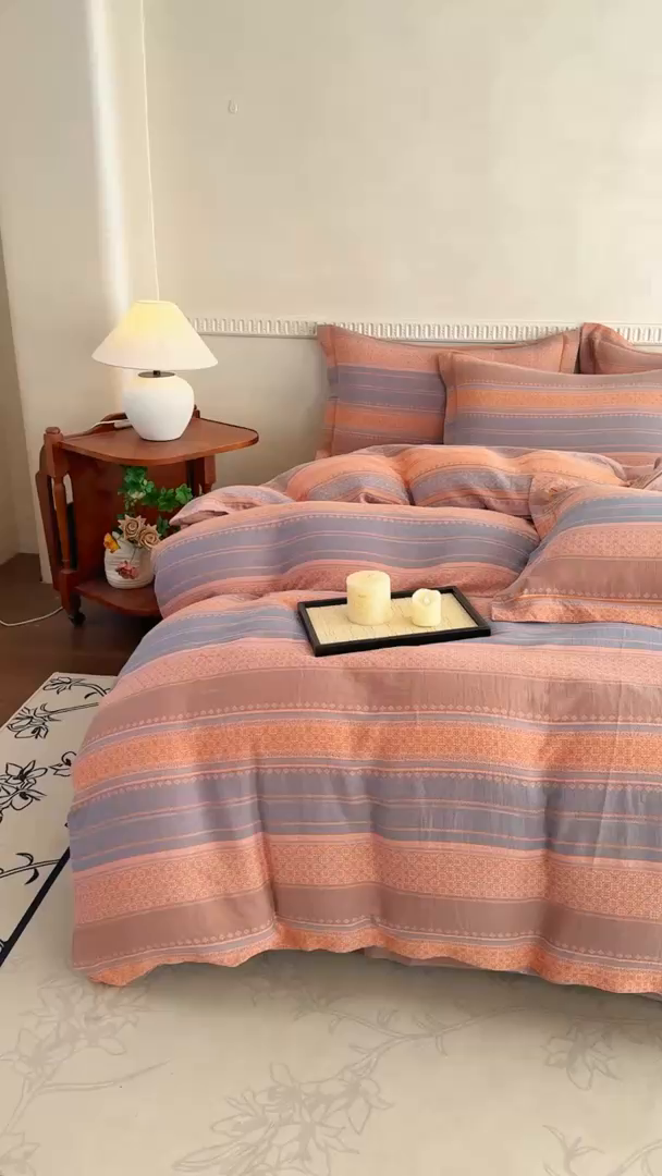 91家纺网 家纺一手货源 找家纺 江南春家纺【幻-暖纱】2025新款A类100%全棉色织提花双层纱四件套 【幻-暖纱】云野-桔灰