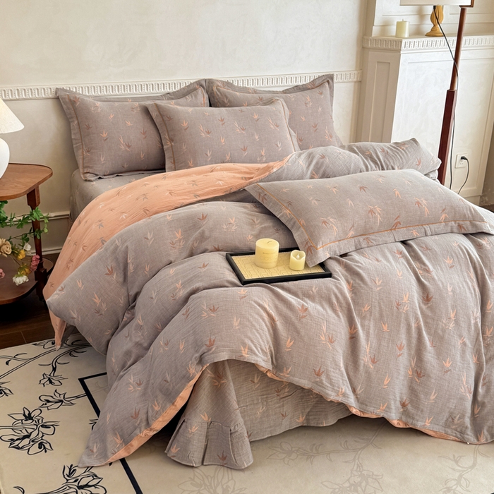 91家纺网 家纺一手货源 找家纺 江南春家纺【幻-暖纱】2025新款A类100%全棉色织提花双层纱四件套 【幻-暖纱】竹亭赋-灰桔