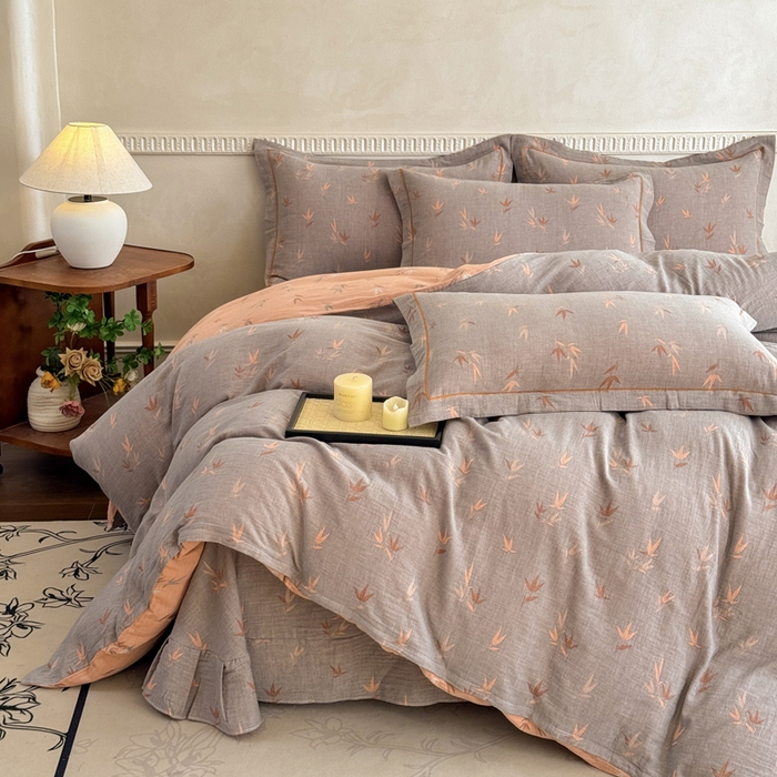 91家纺网 家纺一手货源 找家纺 江南春家纺【幻-暖纱】2025新款A类100%全棉色织提花双层纱四件套 【幻-暖纱】竹亭赋-灰桔