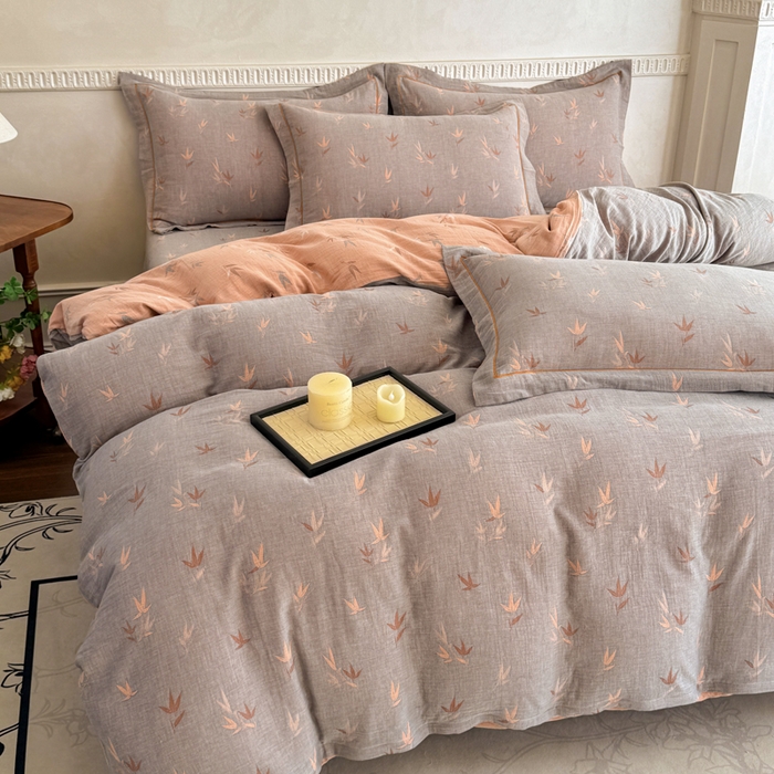 91家纺网 家纺一手货源 找家纺 江南春家纺【幻-暖纱】2025新款A类100%全棉色织提花双层纱四件套 【幻-暖纱】竹亭赋-灰桔