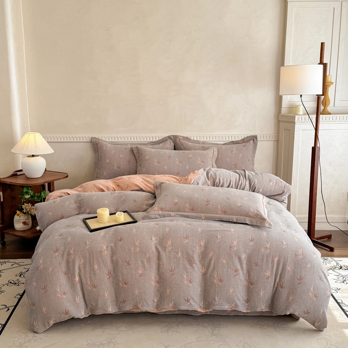 91家纺网 家纺一手货源 找家纺 江南春家纺【幻-暖纱】2025新款A类100%全棉色织提花双层纱四件套 【幻-暖纱】竹亭赋-灰桔