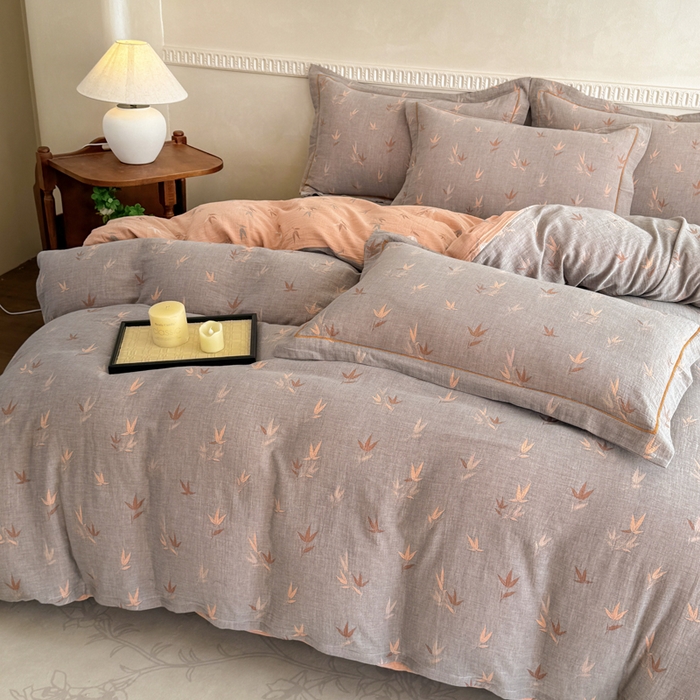 91家纺网 家纺一手货源 找家纺 江南春家纺【幻-暖纱】2025新款A类100%全棉色织提花双层纱四件套 【幻-暖纱】竹亭赋-灰桔