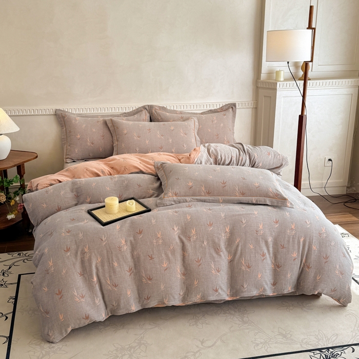 91家纺网 家纺一手货源 找家纺 江南春家纺【幻-暖纱】2025新款A类100%全棉色织提花双层纱四件套 【幻-暖纱】竹亭赋-灰桔