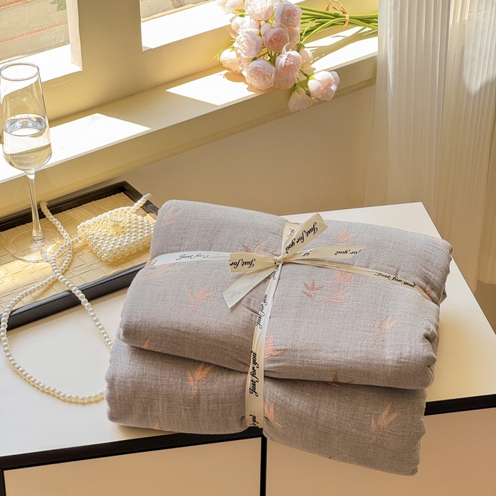 江南春家纺 【幻-暖纱】2025新款A类100%全棉色织提花双层纱四件套 【幻-暖纱】竹亭赋-灰桔