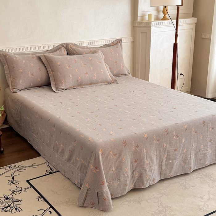 91家纺网 家纺一手货源 找家纺 江南春家纺【幻-暖纱】2025新款A类100%全棉色织提花双层纱四件套 【幻-暖纱】竹亭赋-灰桔