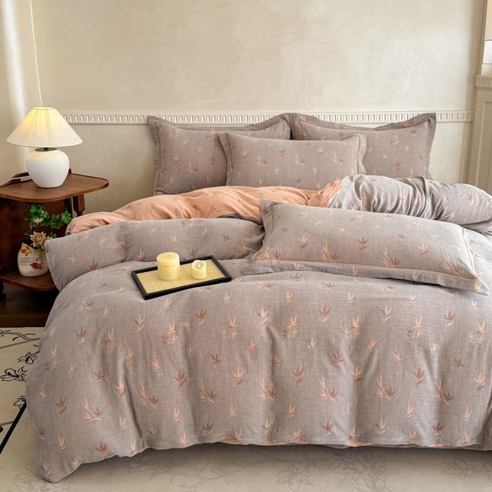 91家纺网 家纺一手货源 找家纺 江南春家纺【幻-暖纱】2025新款A类100%全棉色织提花双层纱四件套 【幻-暖纱】竹亭赋-灰桔