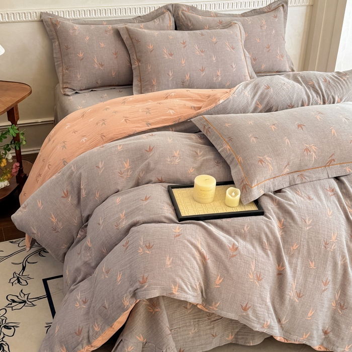 91家纺网 家纺一手货源 找家纺 江南春家纺【幻-暖纱】2025新款A类100%全棉色织提花双层纱四件套 【幻-暖纱】竹亭赋-灰桔