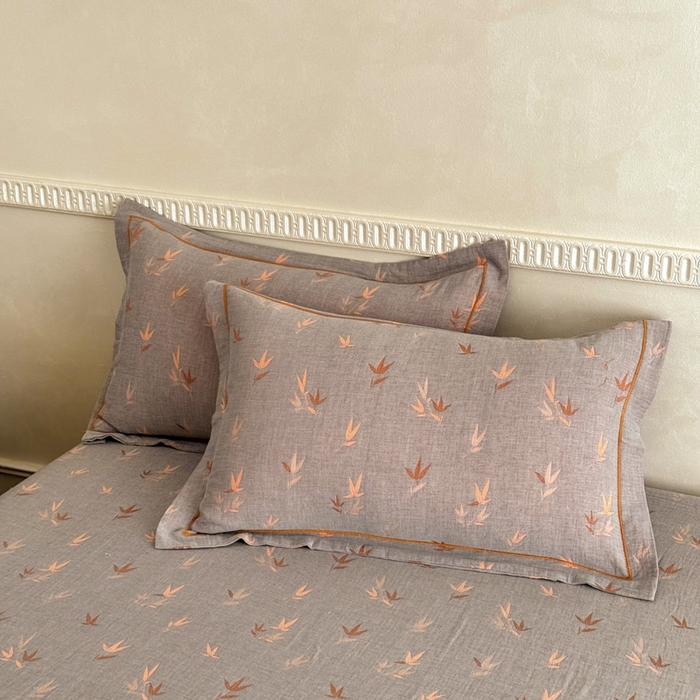 91家纺网 家纺一手货源 找家纺 江南春家纺【幻-暖纱】2025新款A类100%全棉色织提花双层纱四件套 【幻-暖纱】竹亭赋-灰桔