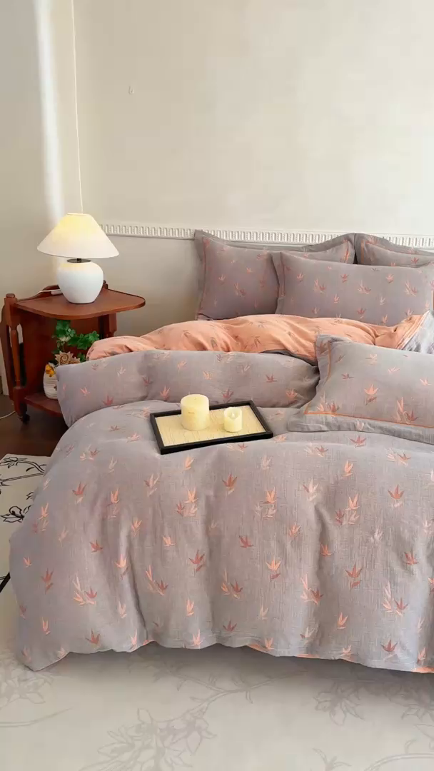 91家纺网 家纺一手货源 找家纺 江南春家纺【幻-暖纱】2025新款A类100%全棉色织提花双层纱四件套 【幻-暖纱】竹亭赋-灰桔