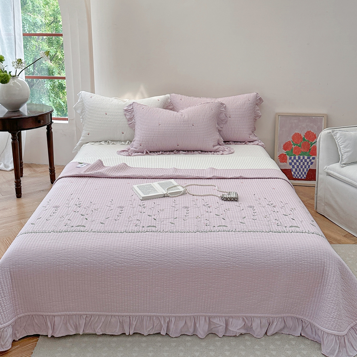 琳可家居 2025新款100%再生纤维素纤维刺绣款花边床盖-田园花憩 田园花憩-紫