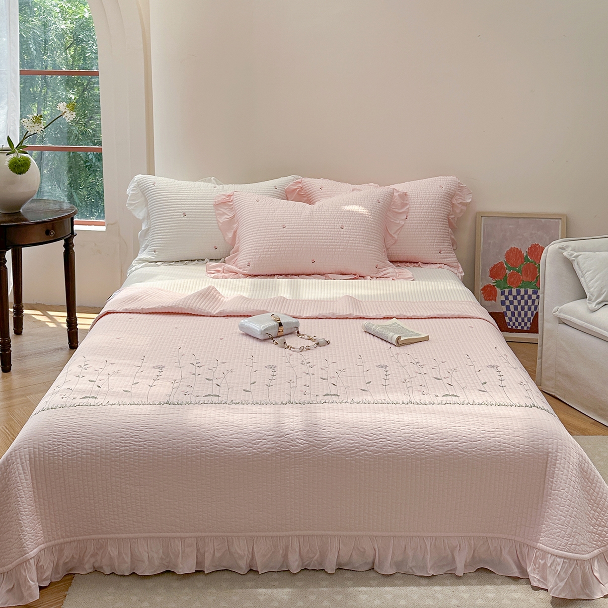 琳可家居 2025新款100%再生纤维素纤维刺绣款花边床盖-田园花憩 田园花憩-粉