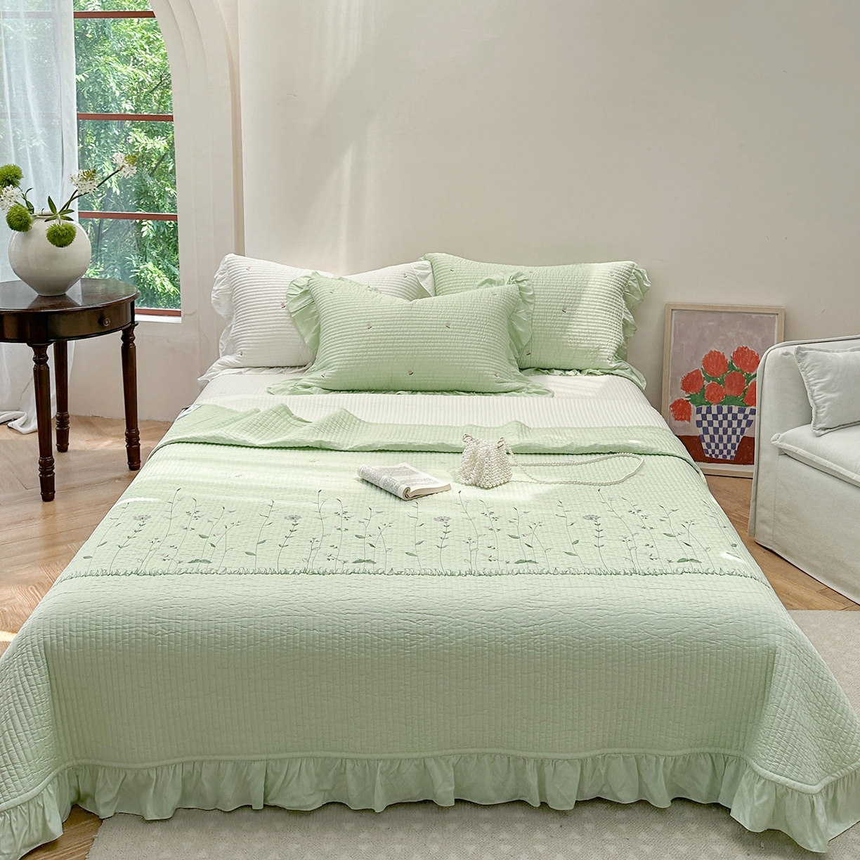 琳可家居 2025新款100%再生纤维素纤维刺绣款花边床盖-田园花憩 田园花憩-绿