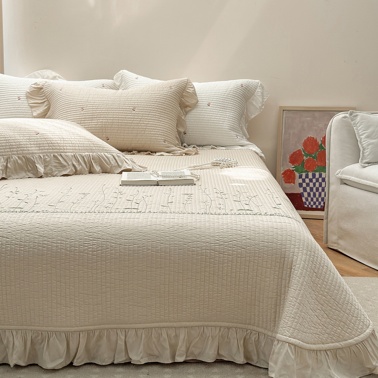 91家纺网 家纺一手货源 找家纺 琳可家居 2025新款100%再生纤维素纤维刺绣款花边床盖-田园花憩 田园花憩-棕