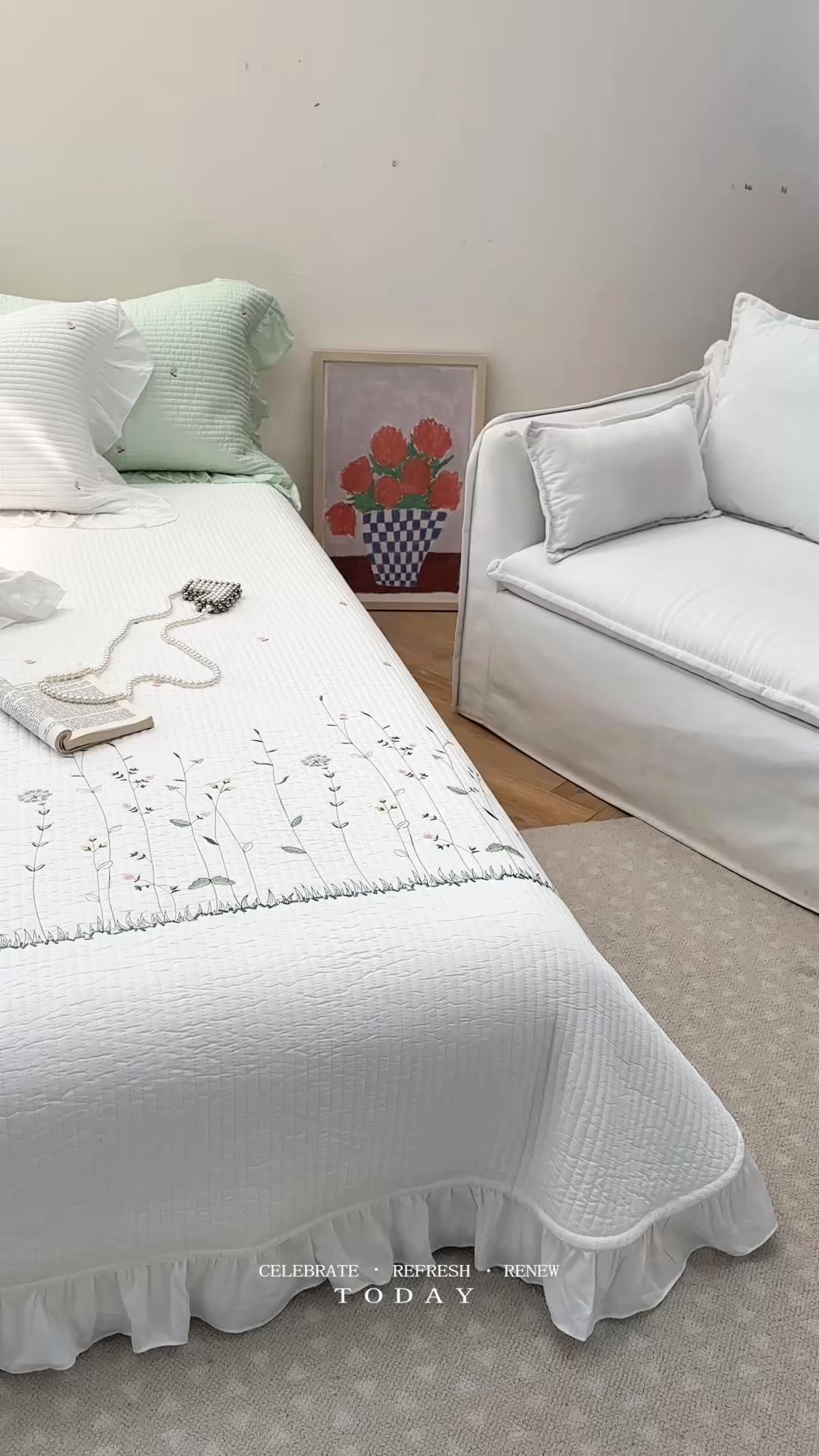 91家纺网 家纺一手货源 找家纺 琳可家居 2025新款100%再生纤维素纤维刺绣款花边床盖-田园花憩 田园花憩-白