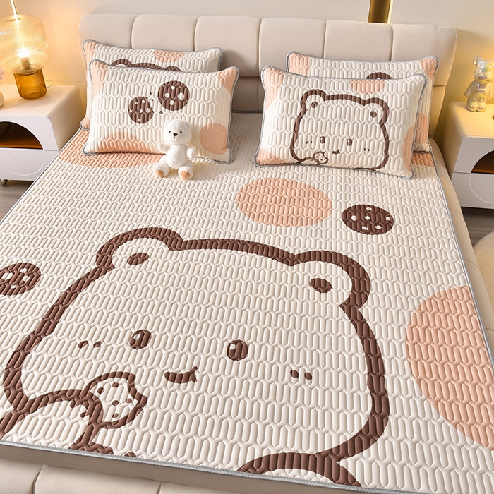 炫拼家纺 2025新款凉感丝大版乳胶凉席三件套 美拉德熊