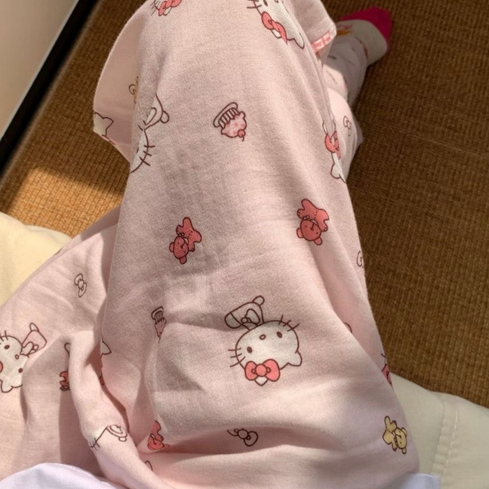 91家纺网 家纺一手货源 找家纺 妍景家居生活馆 2025新款全棉纯棉纱布单长裤 粉kitty猫