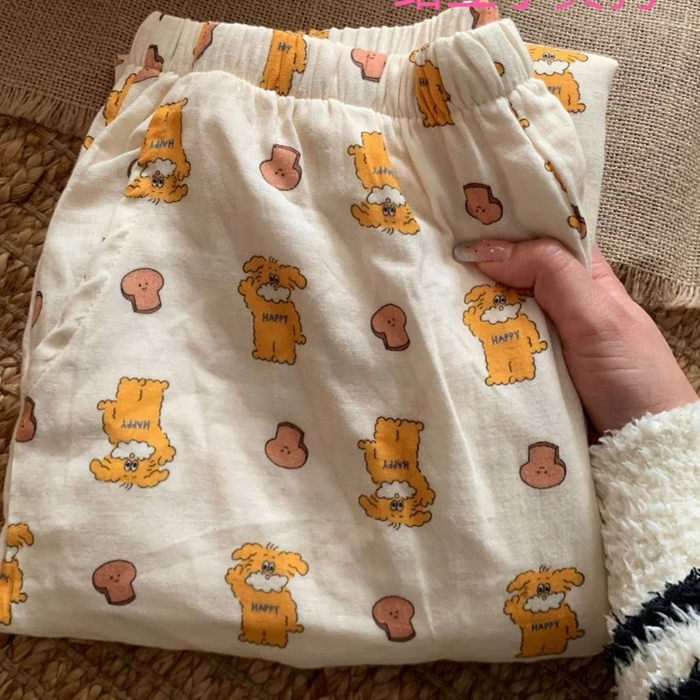 91家纺网 家纺一手货源 找家纺 妍景家居生活馆 2025新款全棉纯棉纱布单长裤 站立小黄狗