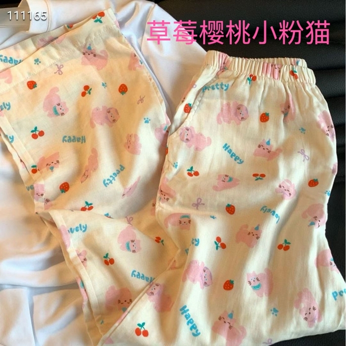 91家纺网 家纺一手货源 找家纺 妍景家居生活馆 2025新款全棉纯棉纱布单长裤 草莓樱桃小粉猫