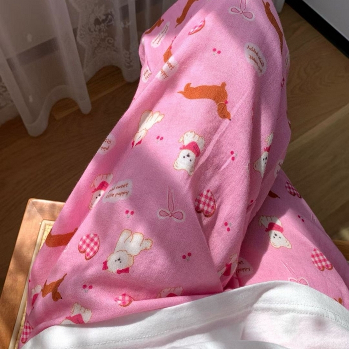 91家纺网 家纺一手货源 找家纺 妍景家居生活馆 2025新款全棉纯棉纱布单长裤 甜粉腊肠狗