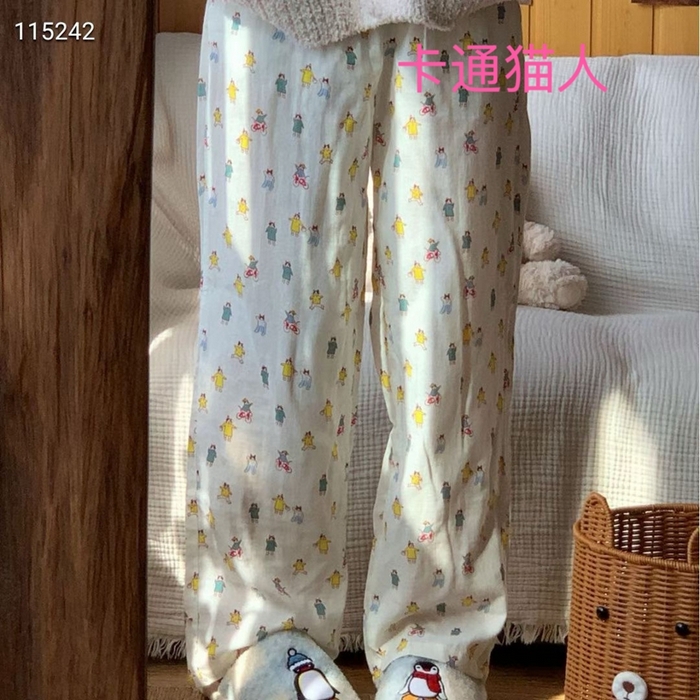 妍景家居生活馆 2025新款全棉纯棉纱布单长裤 卡通猫人