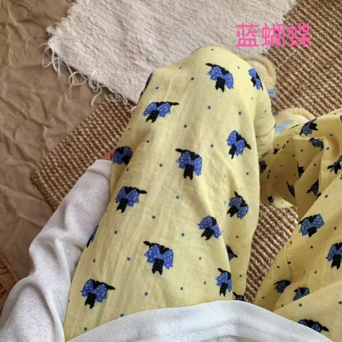 妍景家居生活馆 2025新款全棉纯棉纱布单长裤 蓝蝴蝶