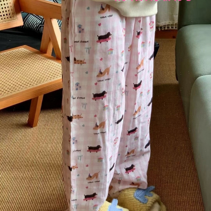 妍景家居生活馆 2025新款全棉纯棉纱布单长裤 粉格滑板狗