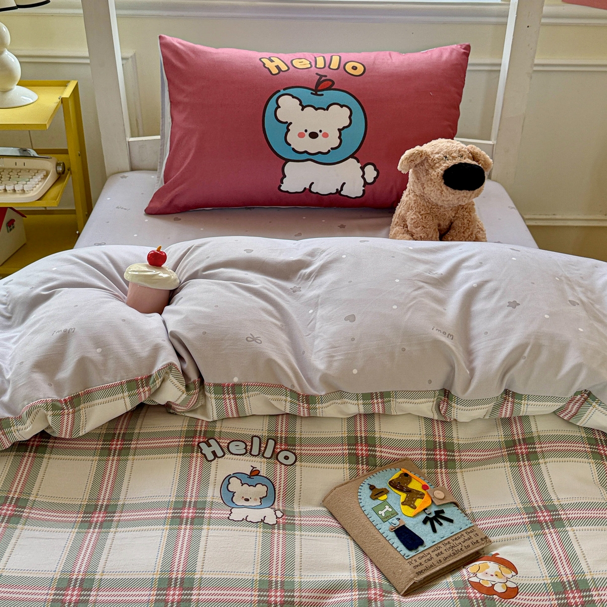 91家纺网 家纺一手货源 找家纺 曼陀罗 2025新款软软棉学生宿舍上下铺三件套 复古绿格狗