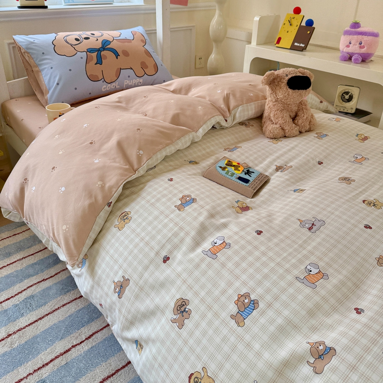 91家纺网 家纺一手货源 找家纺 曼陀罗 2025新款软软棉学生宿舍上下铺三件套 格子萌狗