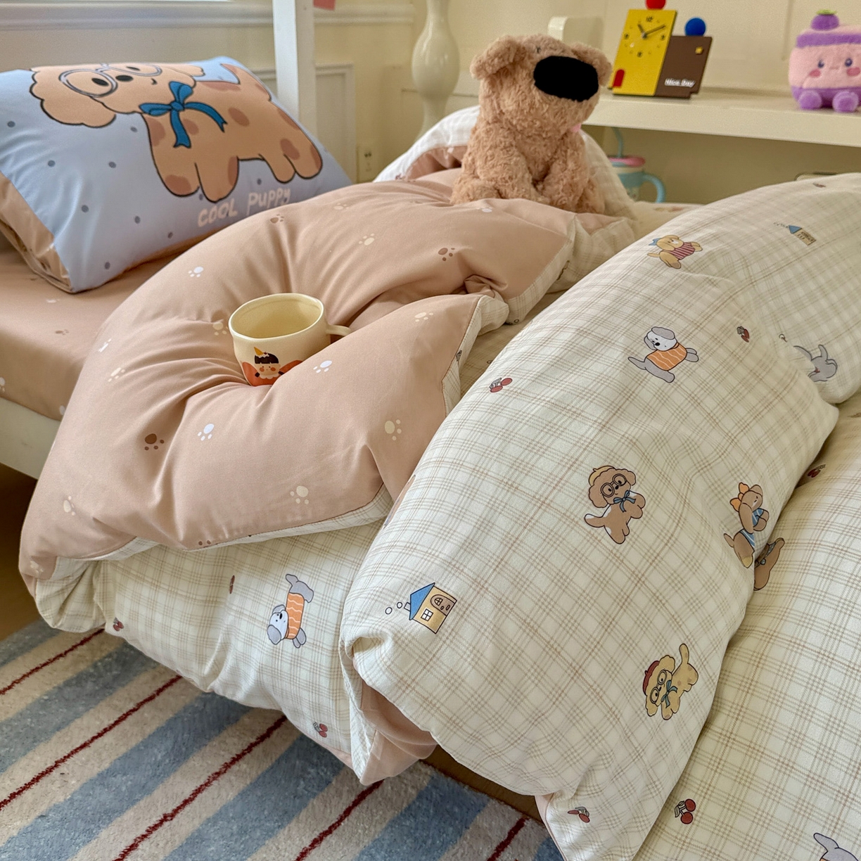 91家纺网 家纺一手货源 找家纺 曼陀罗 2025新款软软棉学生宿舍上下铺三件套 格子萌狗