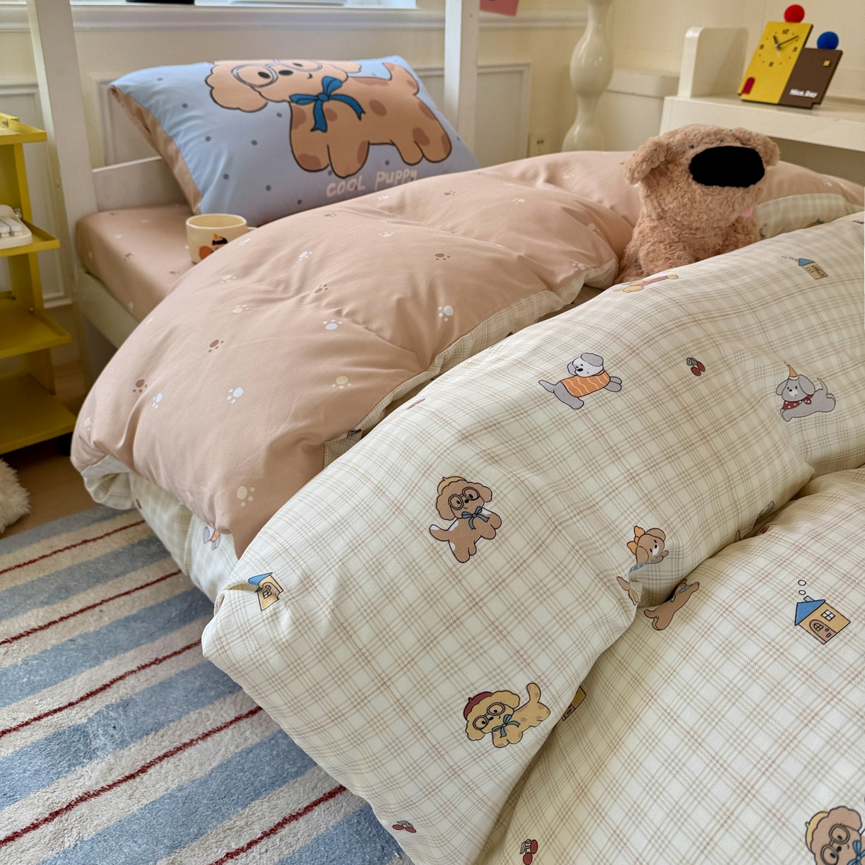 91家纺网 家纺一手货源 找家纺 曼陀罗 2025新款软软棉学生宿舍上下铺三件套 格子萌狗