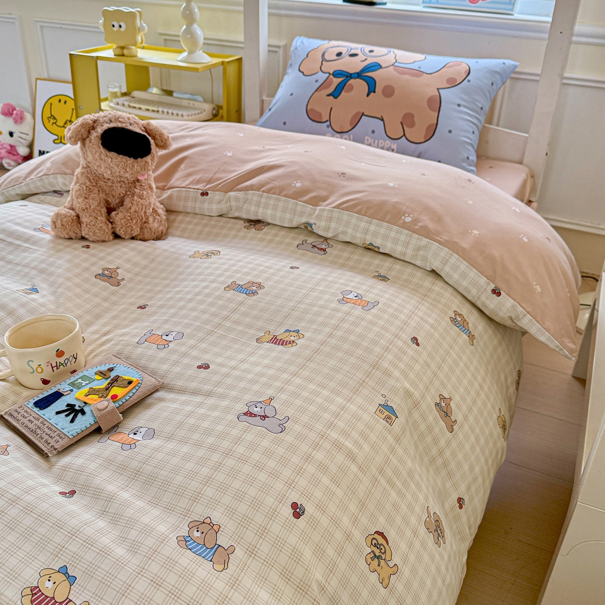 91家纺网 家纺一手货源 找家纺 曼陀罗 2025新款软软棉学生宿舍上下铺三件套 格子萌狗