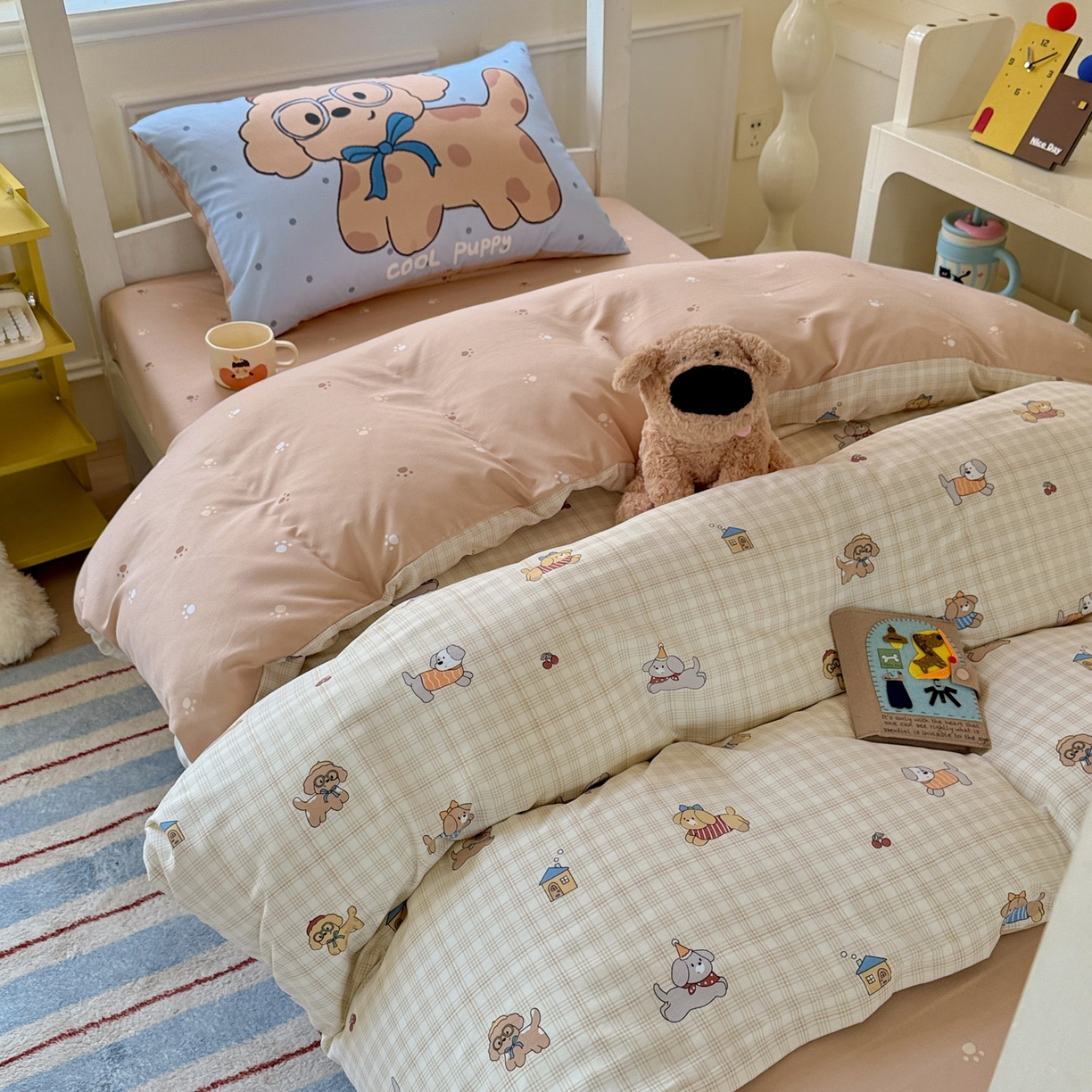 91家纺网 家纺一手货源 找家纺 曼陀罗 2025新款软软棉学生宿舍上下铺三件套 格子萌狗