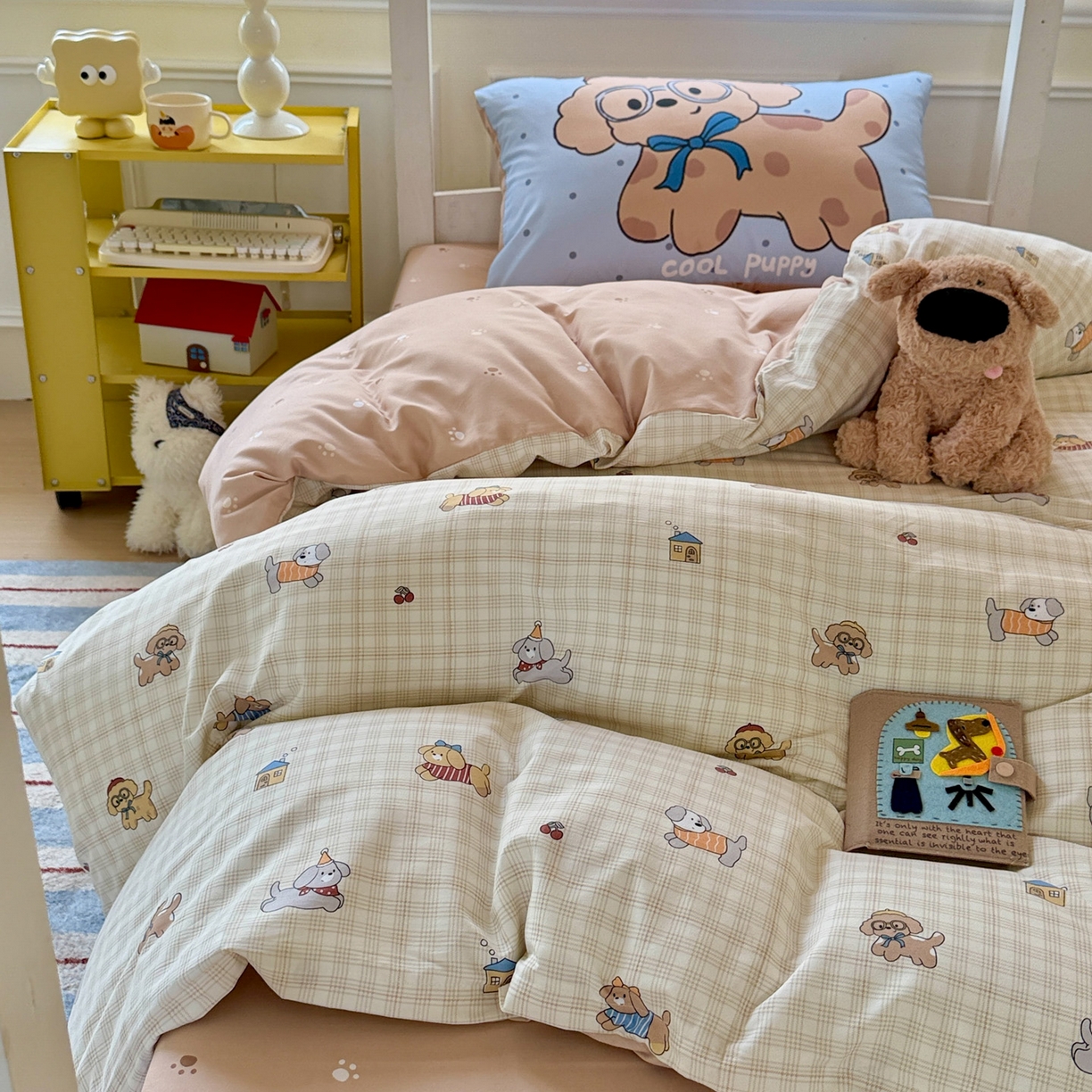 91家纺网 家纺一手货源 找家纺 曼陀罗 2025新款软软棉学生宿舍上下铺三件套 格子萌狗