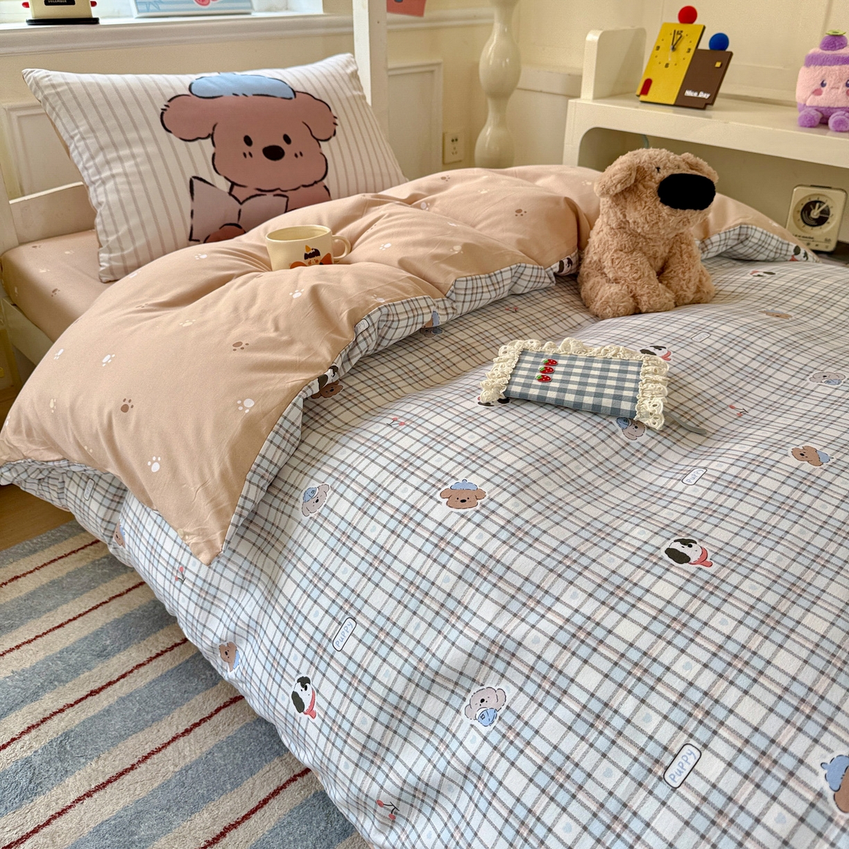 91家纺网 家纺一手货源 找家纺 曼陀罗 2025新款软软棉学生宿舍上下铺三件套 灰蓝小狗