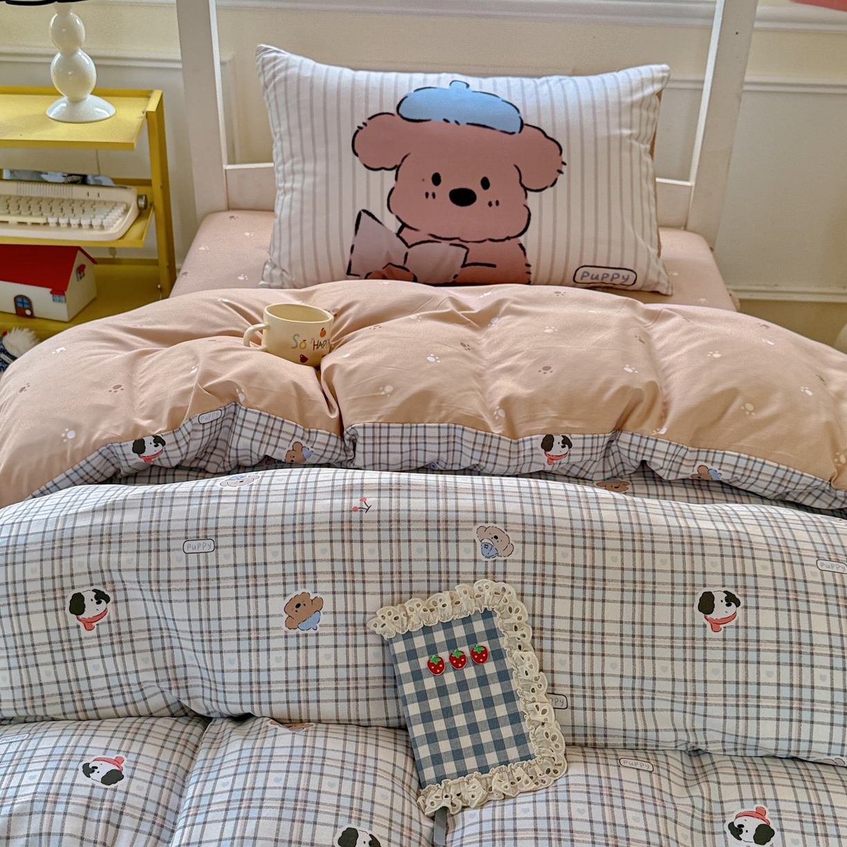 91家纺网 家纺一手货源 找家纺 曼陀罗 2025新款软软棉学生宿舍上下铺三件套 灰蓝小狗