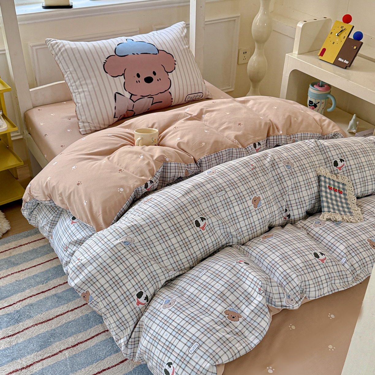 91家纺网 家纺一手货源 找家纺 曼陀罗 2025新款软软棉学生宿舍上下铺三件套 灰蓝小狗