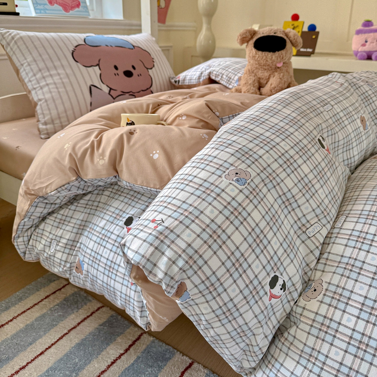 91家纺网 家纺一手货源 找家纺 曼陀罗 2025新款软软棉学生宿舍上下铺三件套 灰蓝小狗