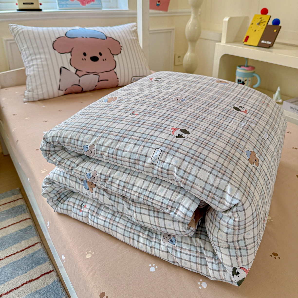 91家纺网 家纺一手货源 找家纺 曼陀罗 2025新款软软棉学生宿舍上下铺三件套 灰蓝小狗