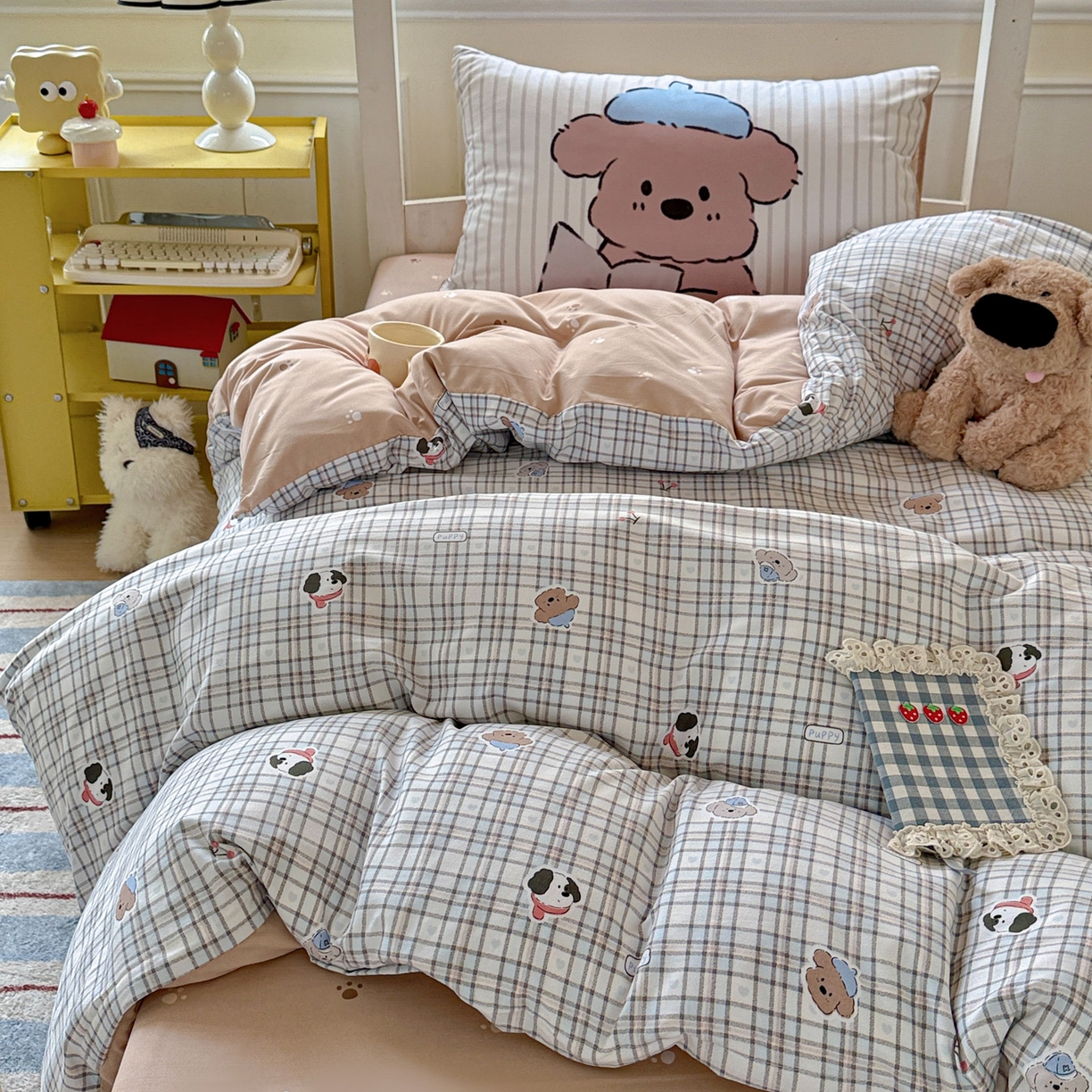 91家纺网 家纺一手货源 找家纺 曼陀罗 2025新款软软棉学生宿舍上下铺三件套 灰蓝小狗