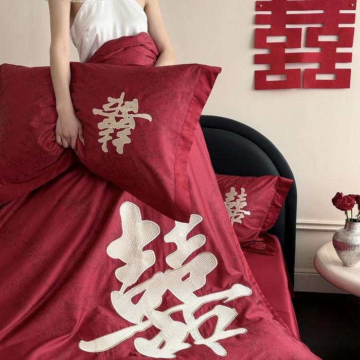 91家纺网 家纺一手货源 找家纺 （总）江涞 2025新款长绒棉数码印花刺绣四件套--合欢-金