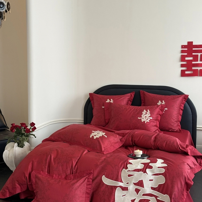 91家纺网 家纺一手货源 找家纺 （总）江涞 2025新款长绒棉数码印花刺绣四件套--合欢-金