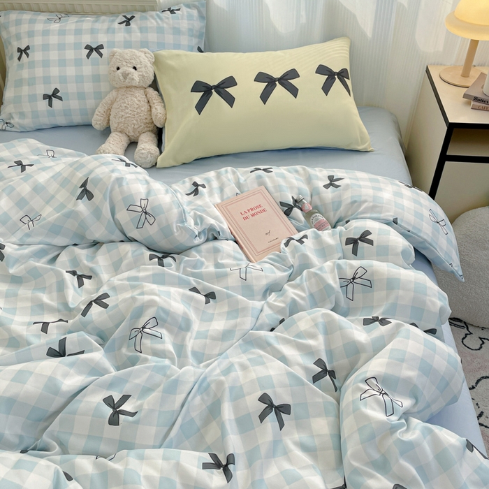 91家纺网 家纺一手货源 找家纺 曼陀罗 2025新款大版混搭四件套 大版-蓝格蝴蝶结黑