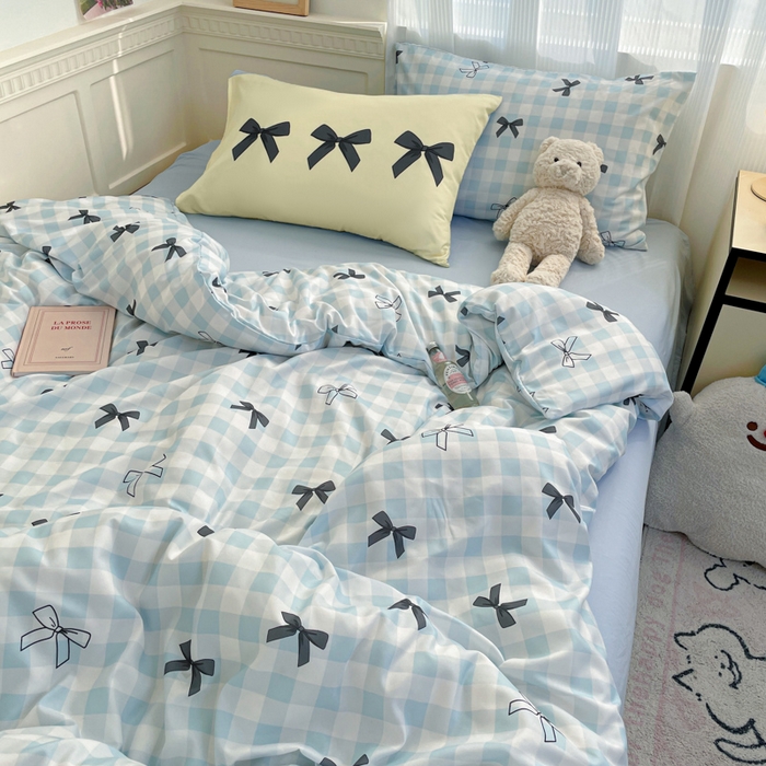 91家纺网 家纺一手货源 找家纺 曼陀罗 2025新款大版混搭四件套 大版-蓝格蝴蝶结黑