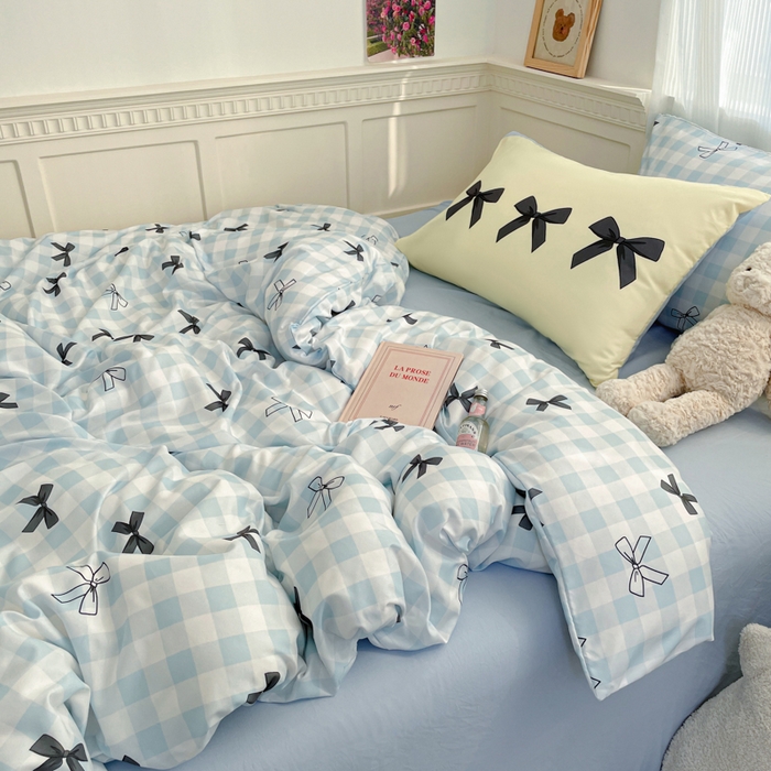 91家纺网 家纺一手货源 找家纺 曼陀罗 2025新款大版混搭四件套 大版-蓝格蝴蝶结黑