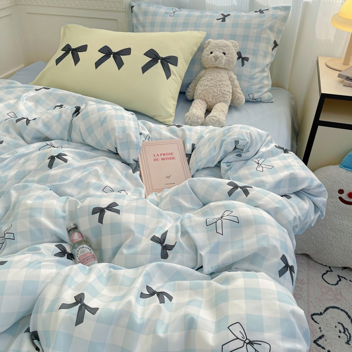 91家纺网 家纺一手货源 找家纺 曼陀罗 2025新款大版混搭四件套 大版-蓝格蝴蝶结黑